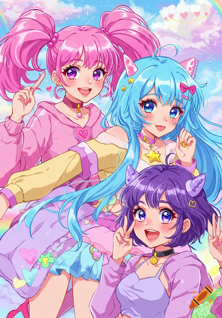 Three anime girls with colorful hair pose together against a bright, pastel background.