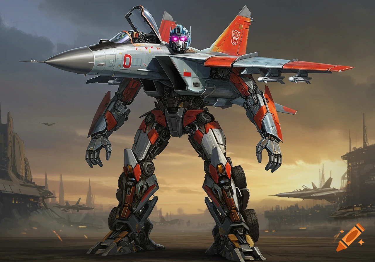A large robot transformer based on a jet fighter stands on an airport runway.