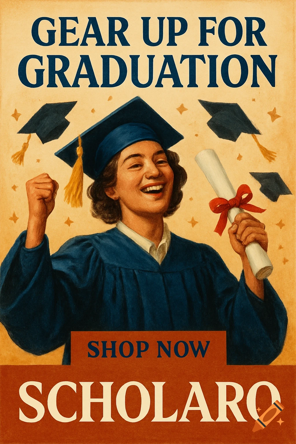 Illustrated graduation ad with a happy student holding a diploma, text reads 'GEAR UP FOR GRADUATION' and 'SCHOLARO'.