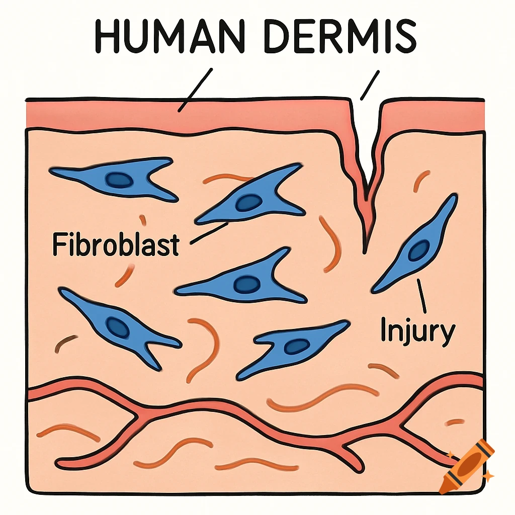 Diagram of human dermis showing fibroblasts and an injury