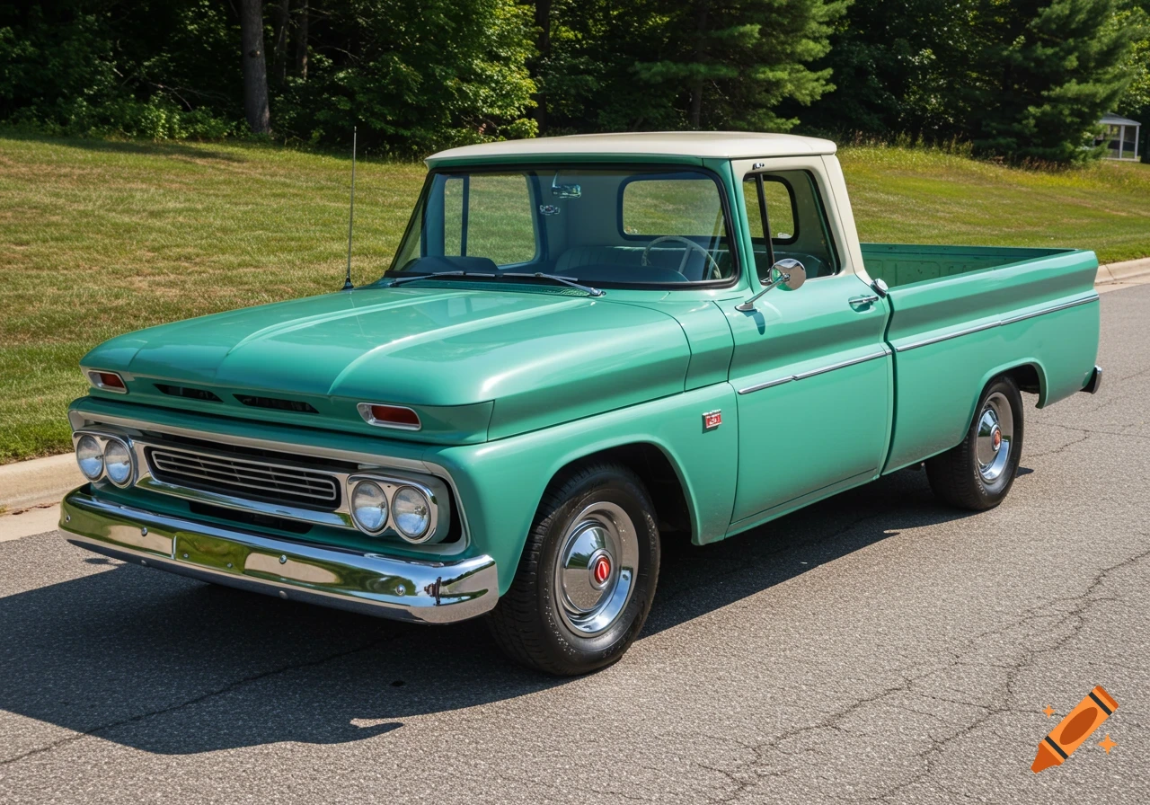 A teal and white classic Chevrolet C10 pickup truck parked on asphalt.