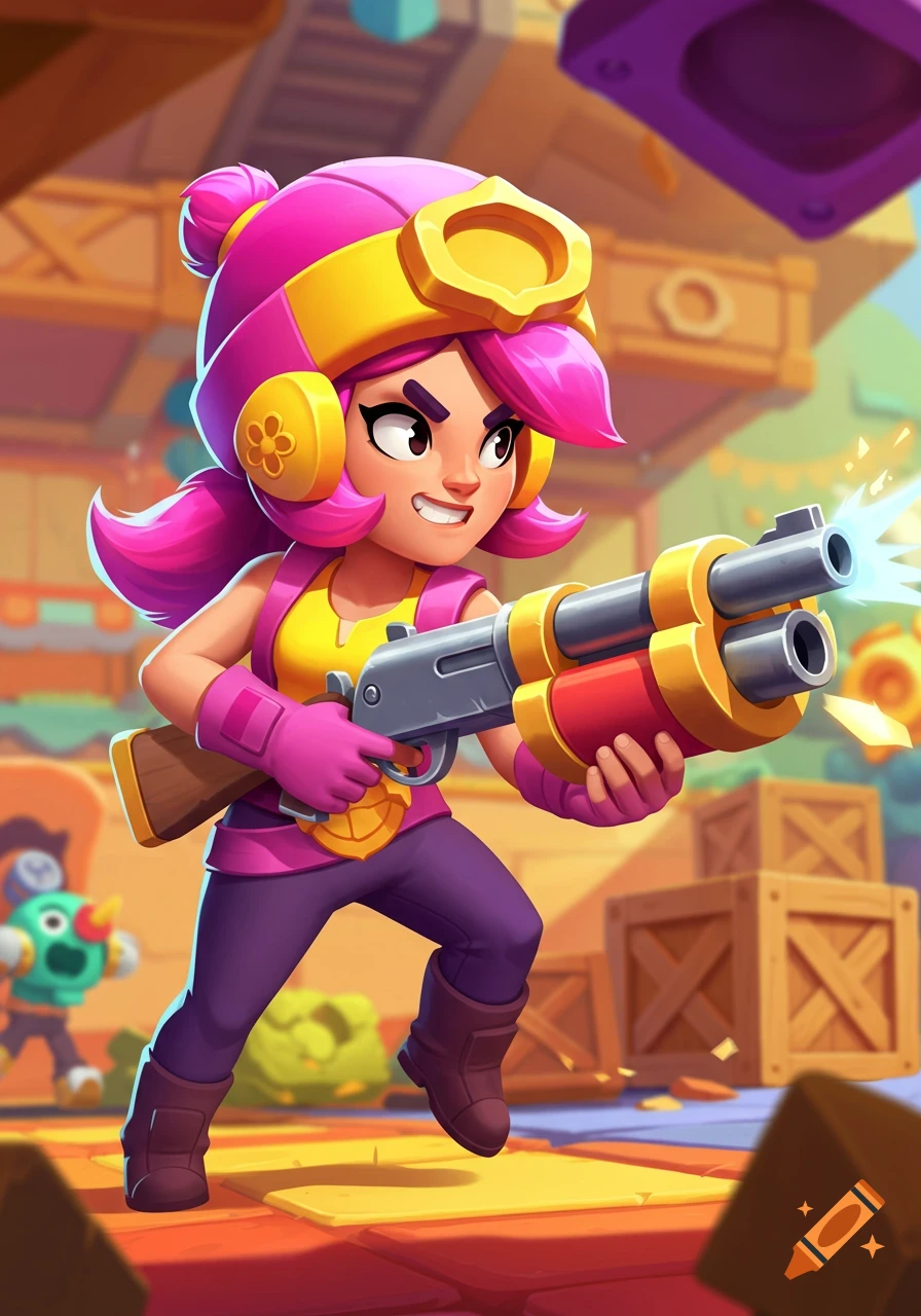 Cartoon character Shelly from Brawl Stars running and shooting a shotgun