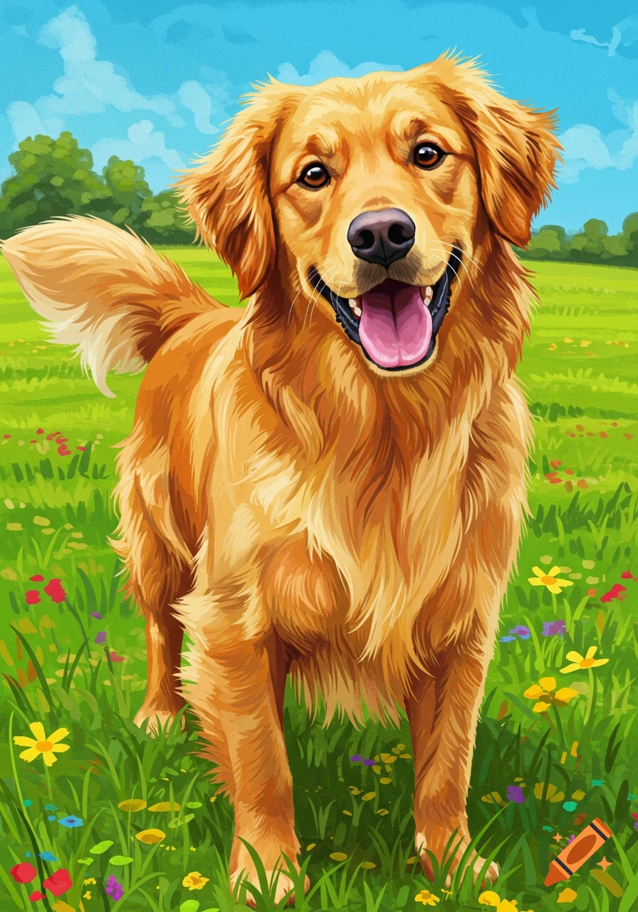 Illustration of a happy golden retriever dog standing in a field of colorful flowers.
