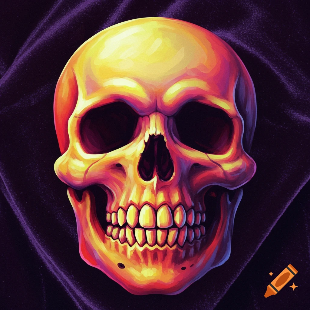Stylized skull with vibrant colors on a dark background, digital painting.
