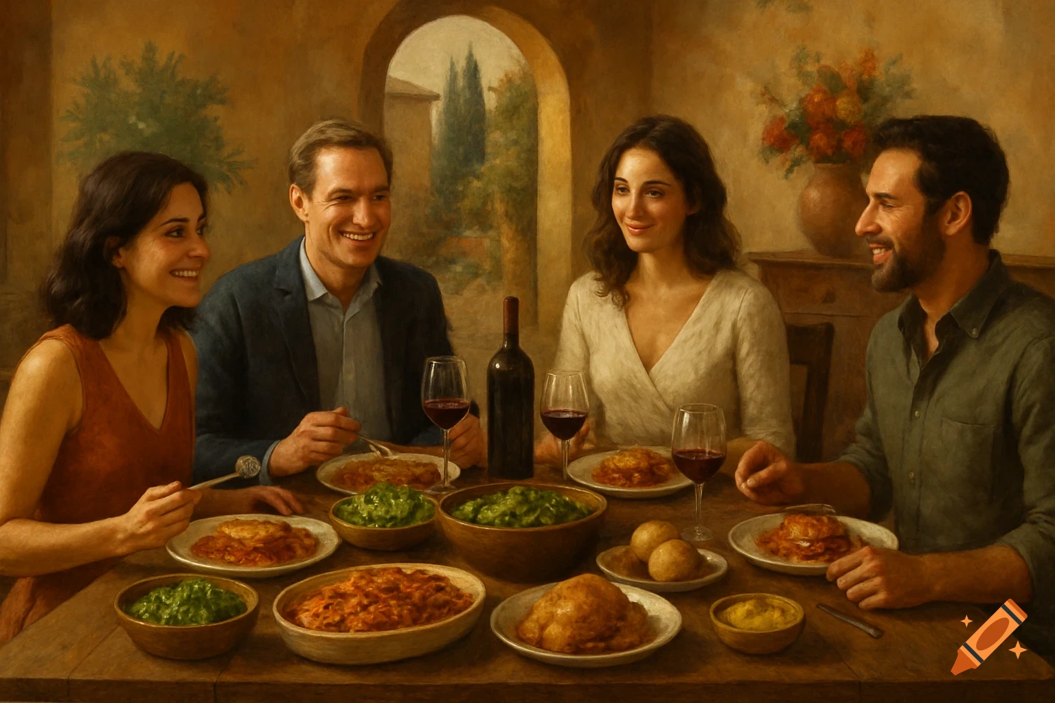 Painterly scene of four people eating dinner at a table in a Tuscan room.