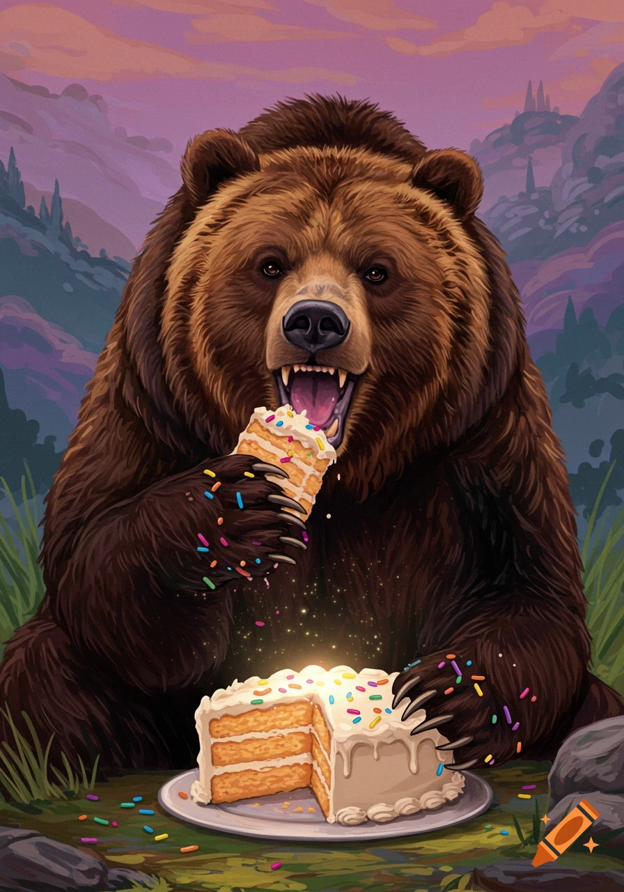 A grizzly bear eats a slice of funfetti cake outdoors in a vibrant illustration.