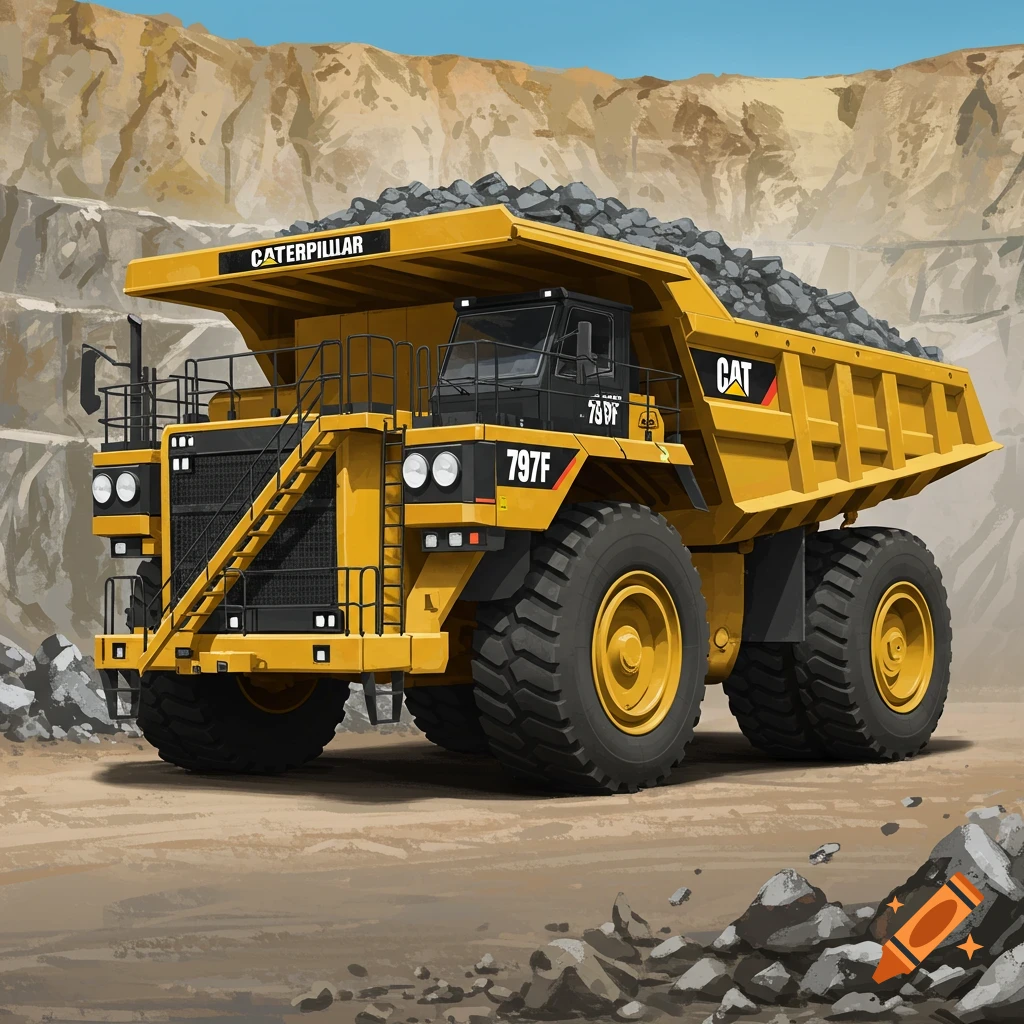 Yellow Caterpillar haul truck loaded with rocks in a quarry, illustration style.