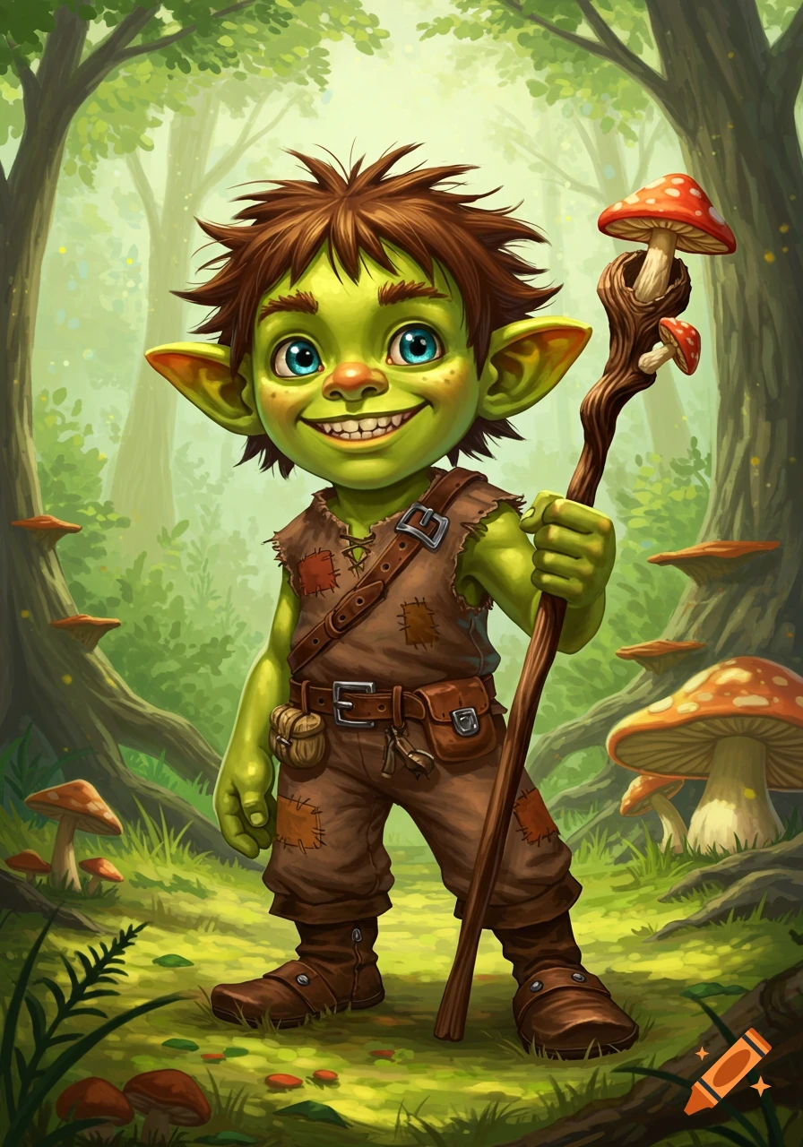 A cartoonish green goblin stands in a forest, holding a staff with mushrooms.