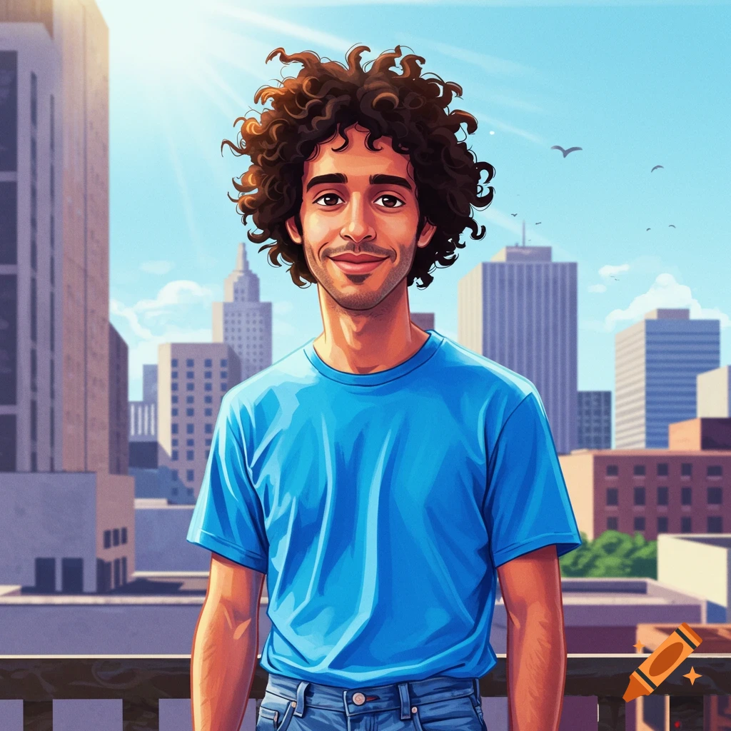 Illustrated portrait of a man with curly hair in a blue shirt, on a rooftop overlooking a city skyline.