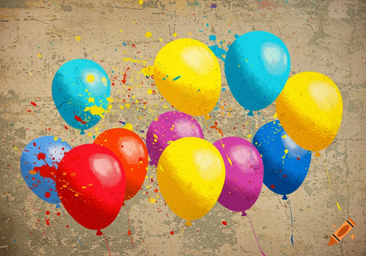Colorful paint-splattered balloons against a textured wall