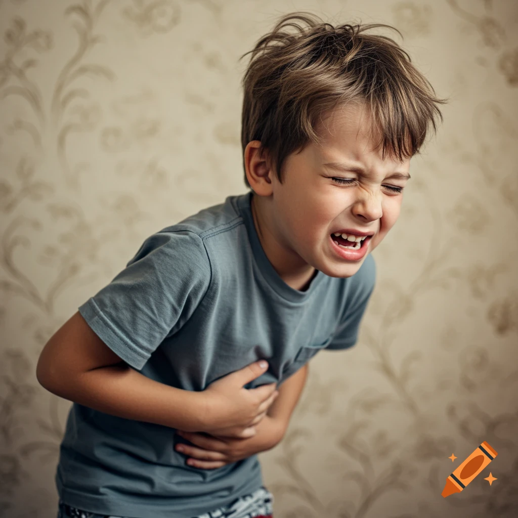A young boy grimaces while holding his stomach, looking sick.