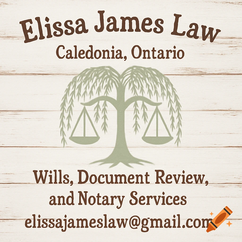 Logo for Elissa James Law with a willow tree shaped scales of justice on a wooden background.