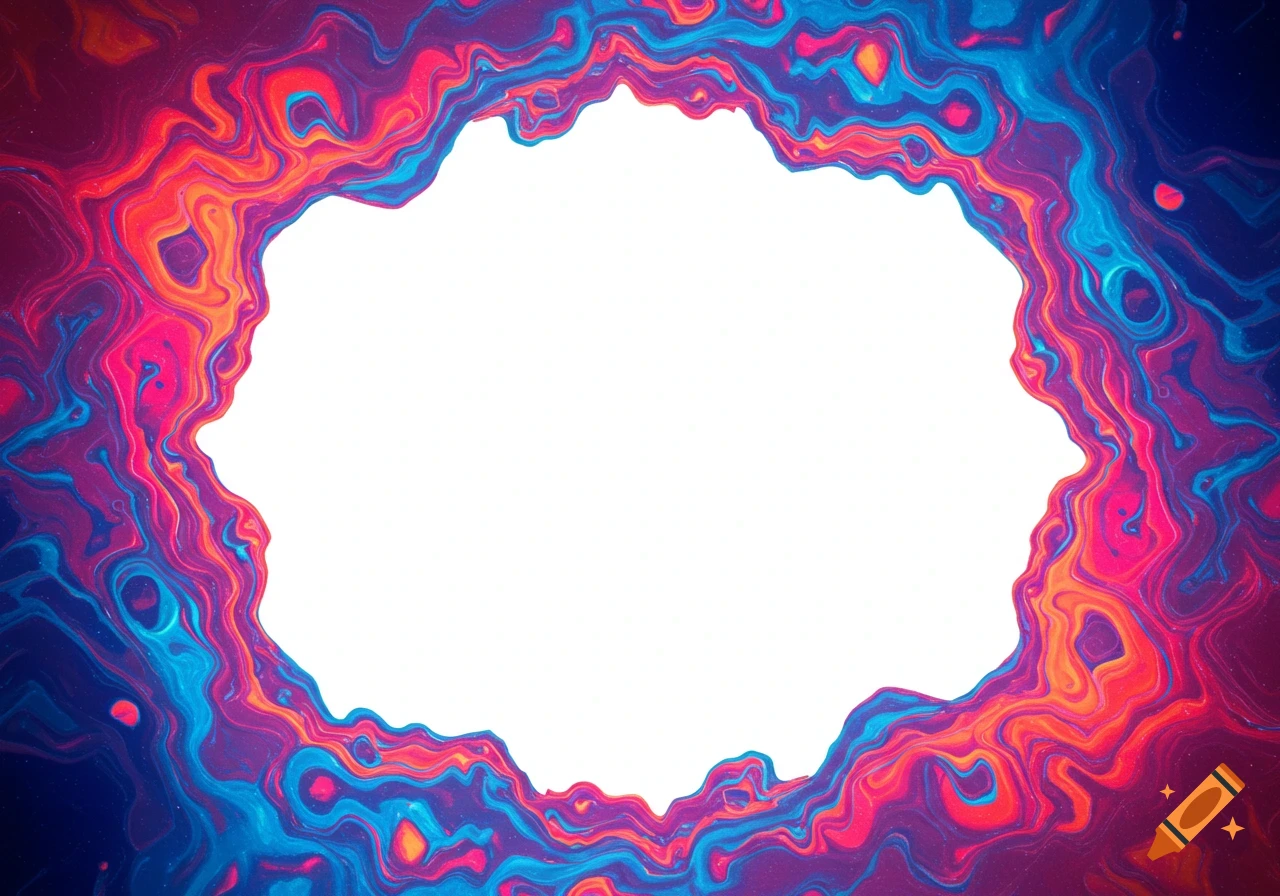 Abstract swirling pattern in pink, orange, blue, and purple around a white center