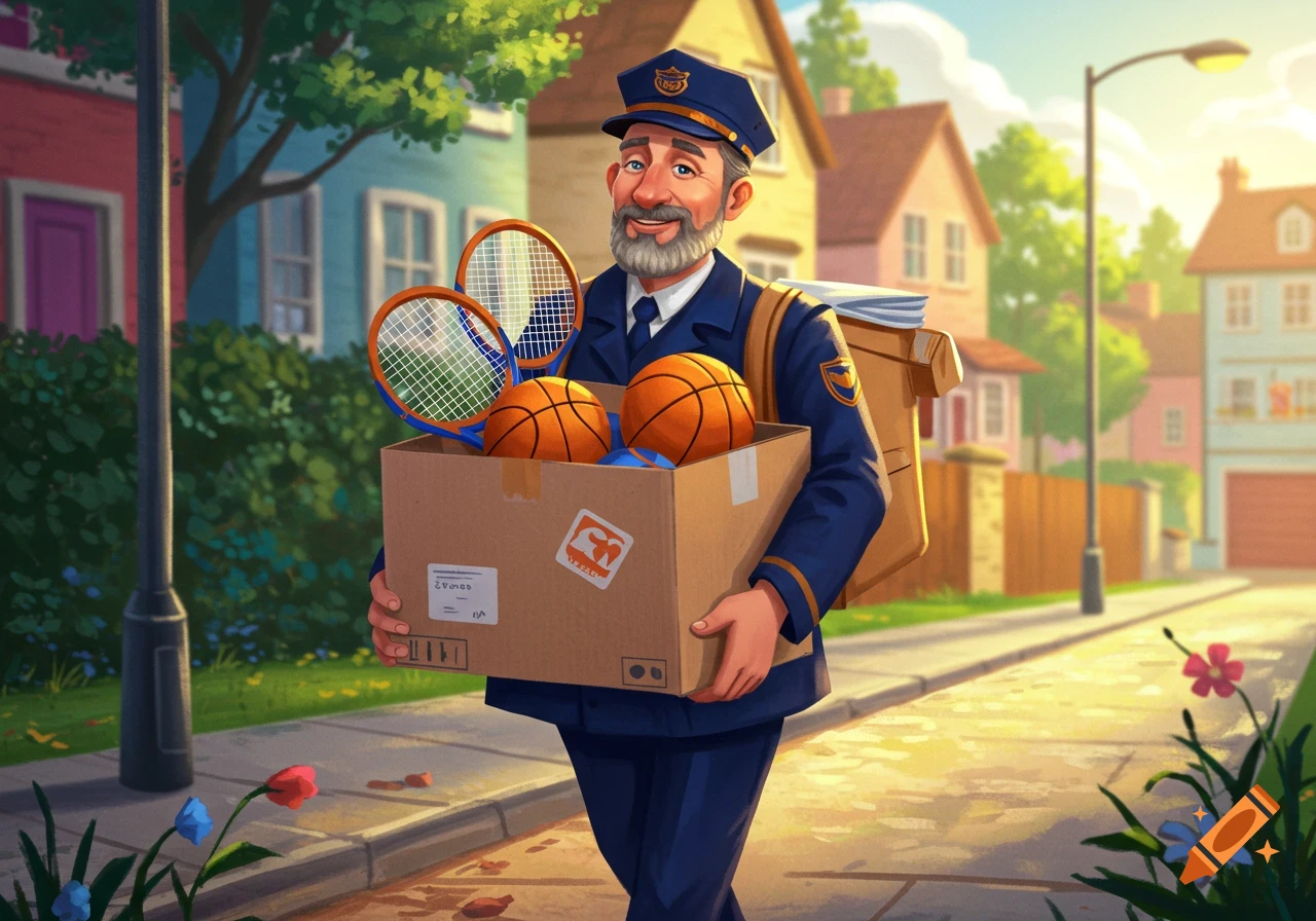 Illustration of a mailman carrying a box filled with basketballs and tennis rackets on a suburban street.