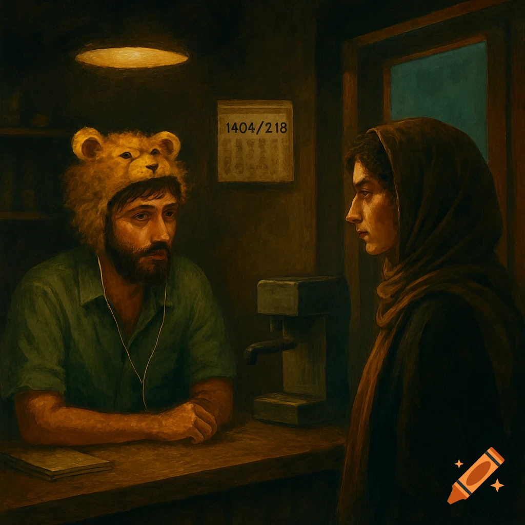 Painterly image of a man in a lion hat and a woman in a headscarf talking in a dimly lit shop.