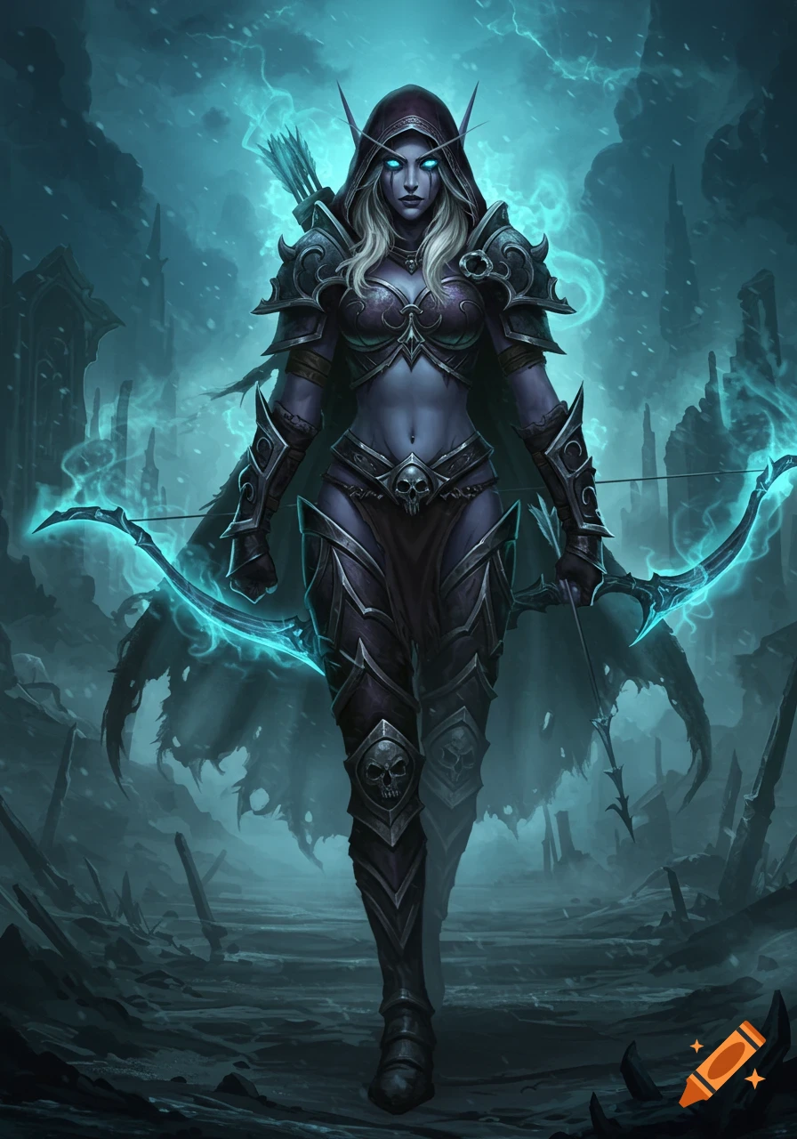 A fantasy character in armor with a glowing bow stands in a dark, ruined environment.