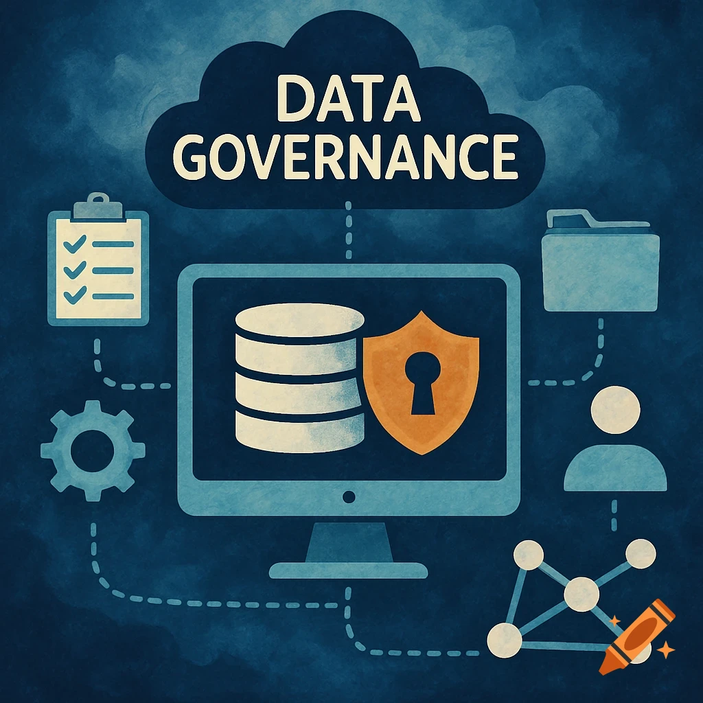 An illustration showing concepts related to data governance including a cloud, monitor, database, shield, and icons.
