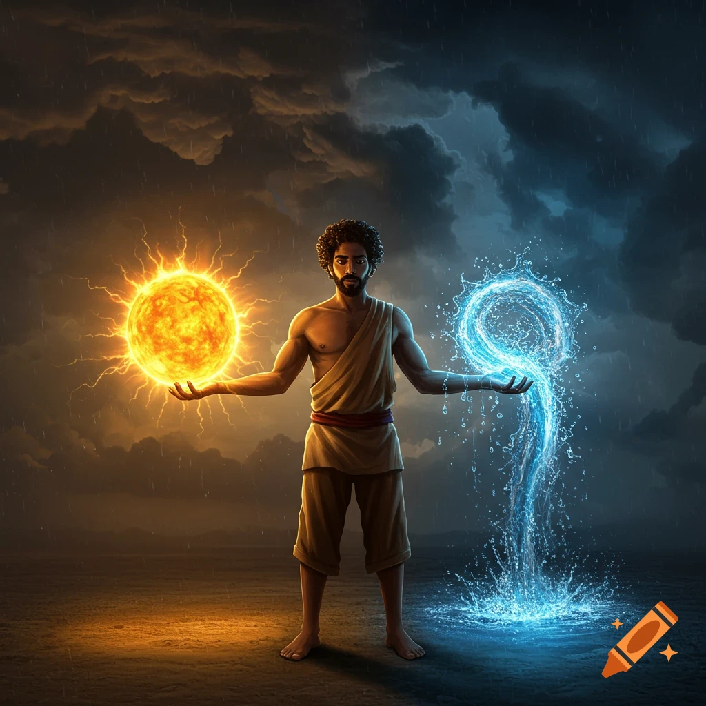 A man holds a glowing sun orb in one hand and a stream of water in the other.