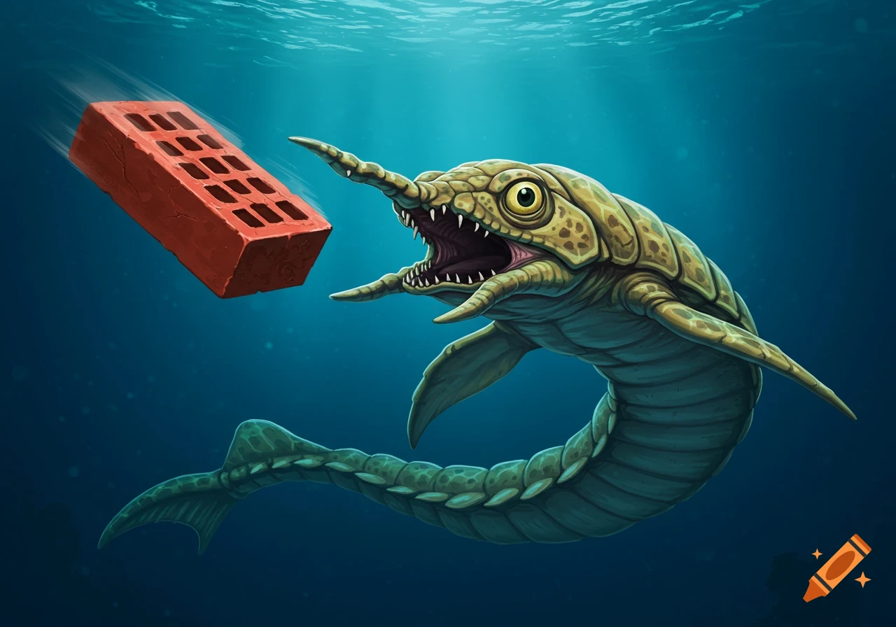 Anomalocaris swimming underwater towards a flying brick, digital illustration.