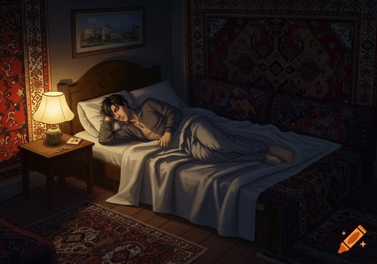A young man lies in bed in a dimly lit bedroom decorated with traditional carpets.