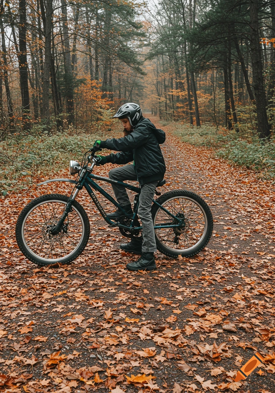 Person rides a bike on a forest path covered in autumn leaves.