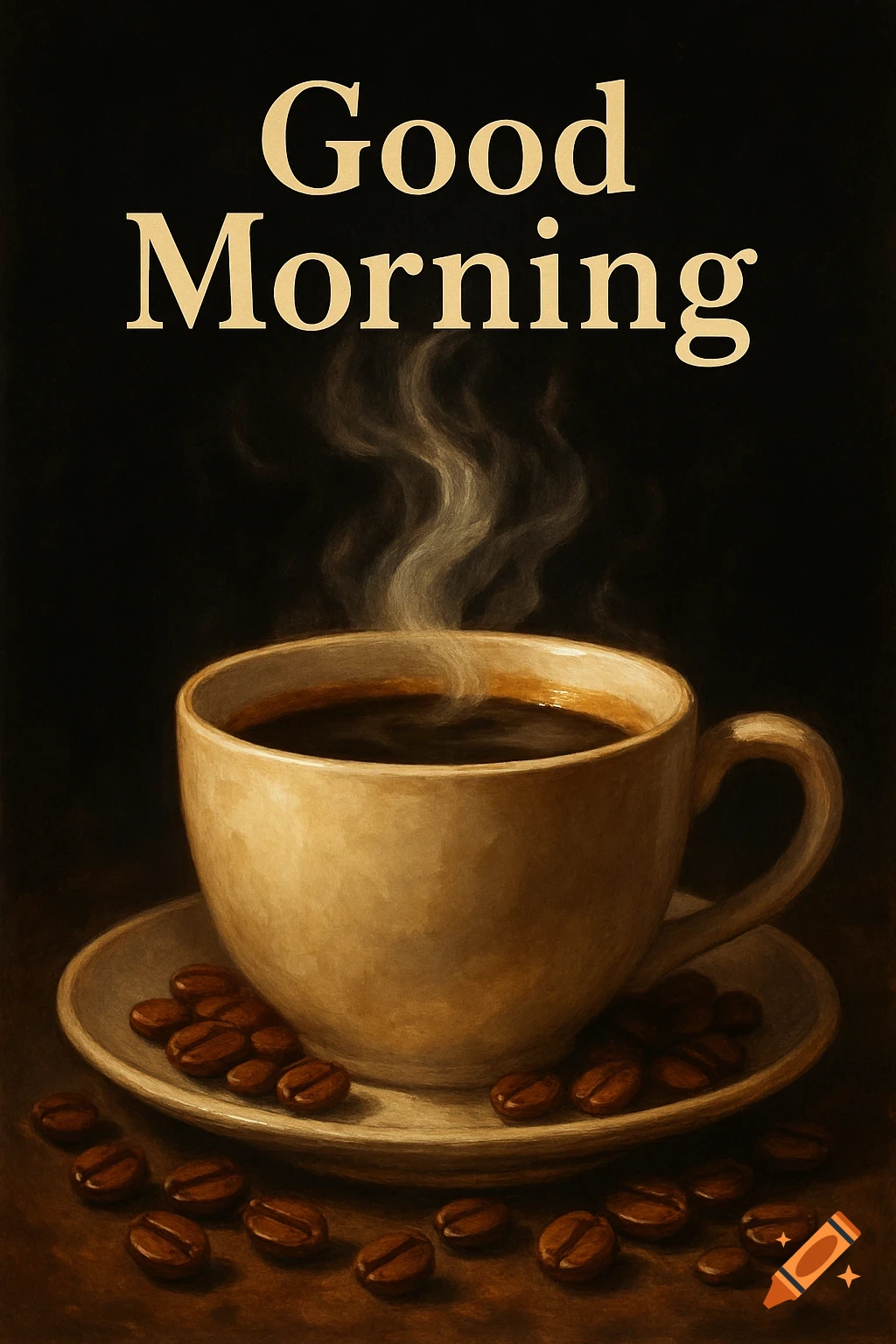 Oil painting of a steaming cup of coffee and beans, with 'Good Morning' text above.