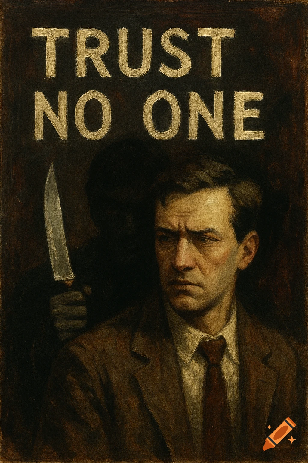 Painting of a worried man with a shadowy figure holding a knife behind him. Text above reads 'TRUST NO ONE'.