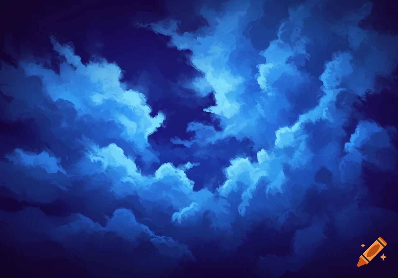 Abstract art of blue clouds against a dark blue sky.