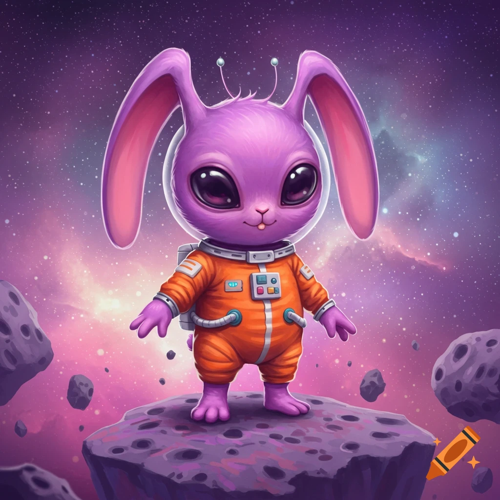 Cute purple alien bunny astronaut on space rock.