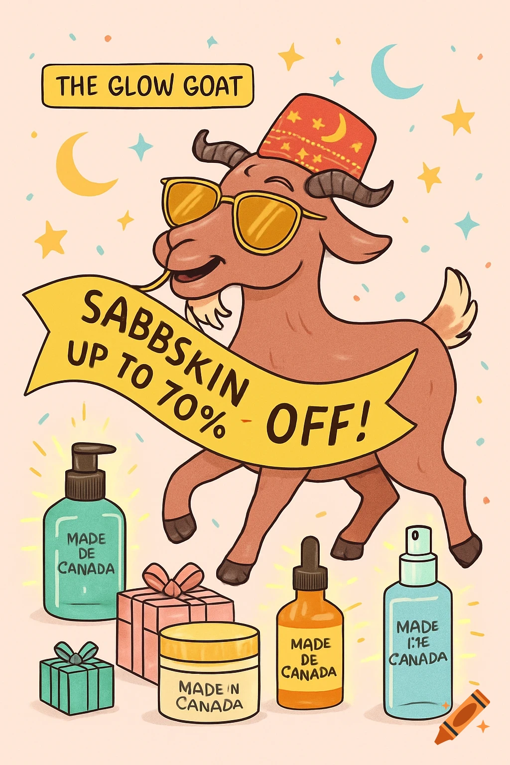 Cartoon goat with sunglasses and hat holding a banner promoting skincare products, with gifts, stars, and moons.