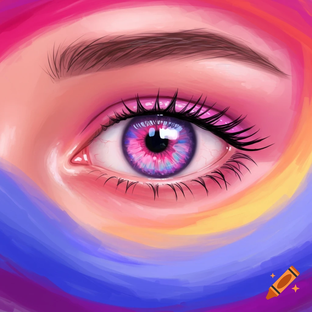 Digital illustration of a human eye with vibrant pink, purple, blue, orange, and yellow strokes around it.