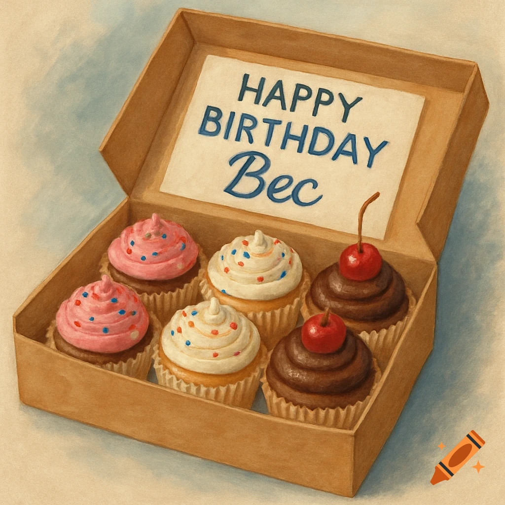 An illustration of a box of cupcakes with a card saying 'Happy Birthday Bec'.