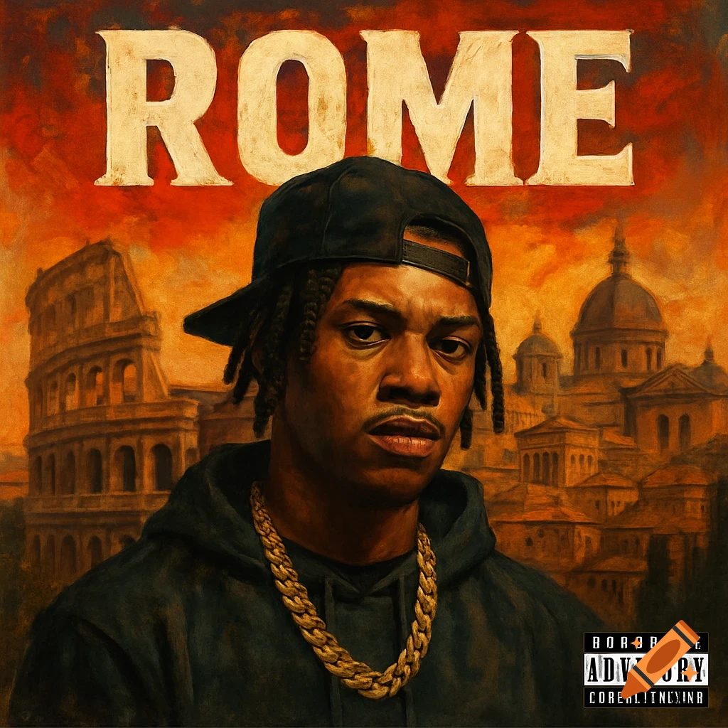 Painterly portrait of a man in a cap and gold chain in front of Roman landmarks with ROME text above.