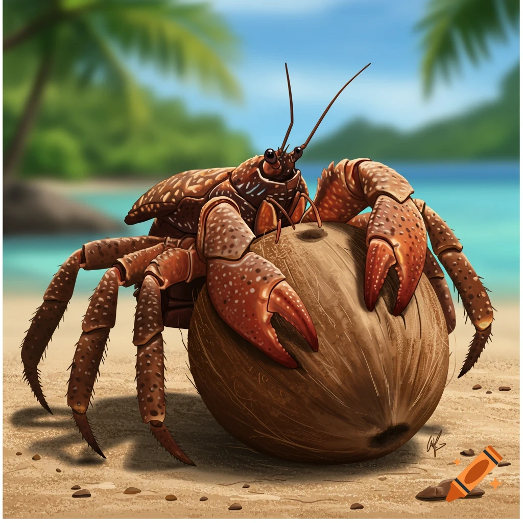 A coconut crab grasps a coconut on a sandy beach in an illustrative style.