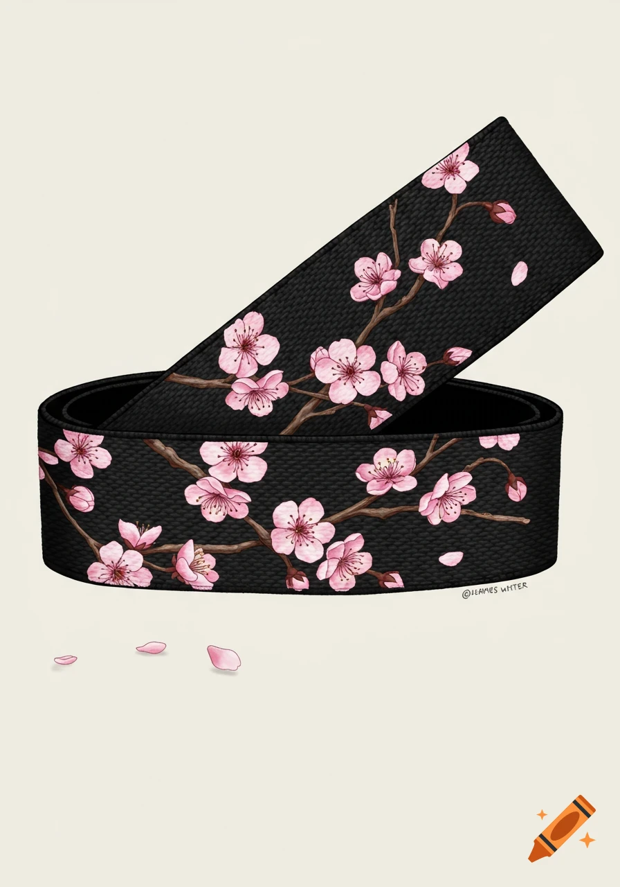 A black web belt decorated with pink cherry blossom branches and petals.