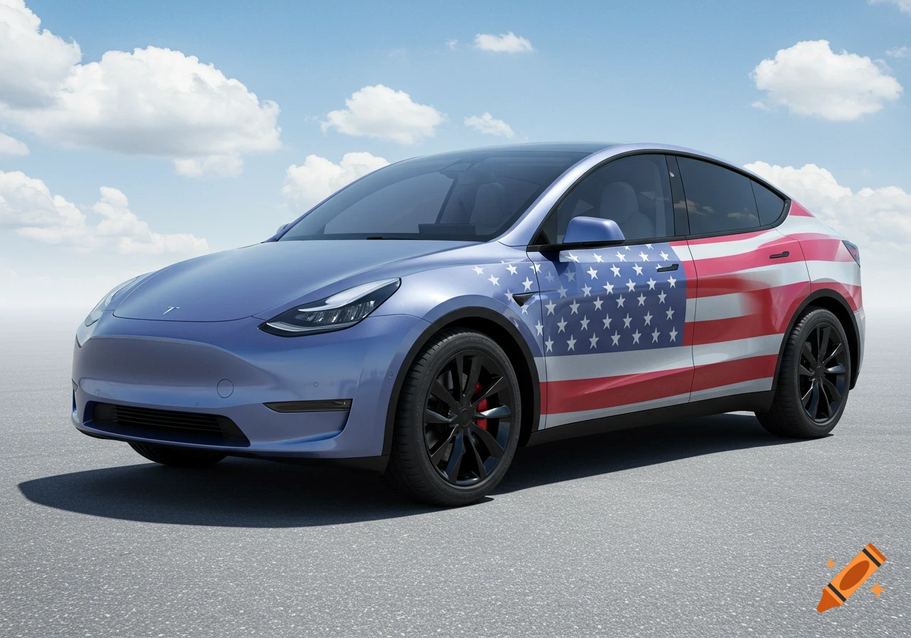 A blue Tesla Model Y wrapped with the American flag.