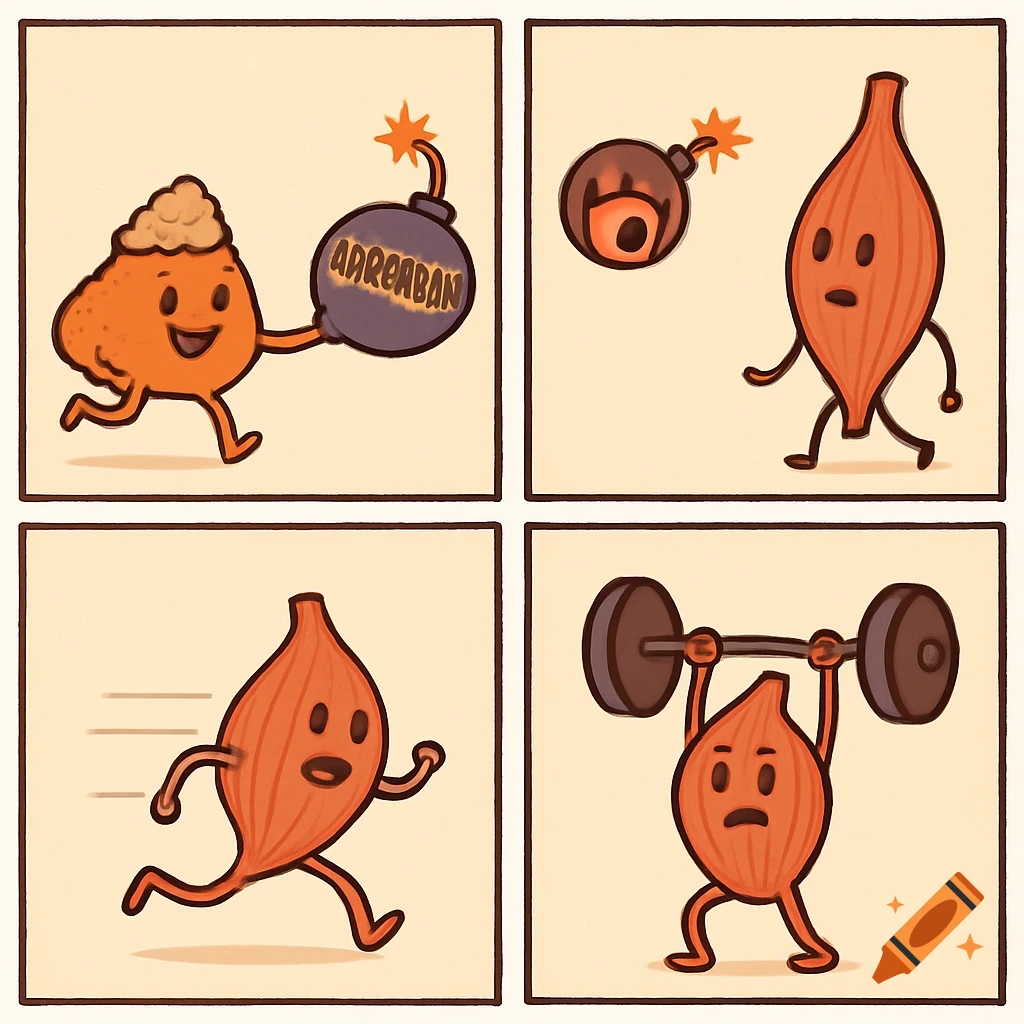 Four panel cartoon comic. Panel 1: An anthropomorphic adrenal gland character holds a bomb. Panel 2: The bomb flies towards a muscle character. Panel 3: The muscle runs away. Panel 4: The muscle lifts weights.