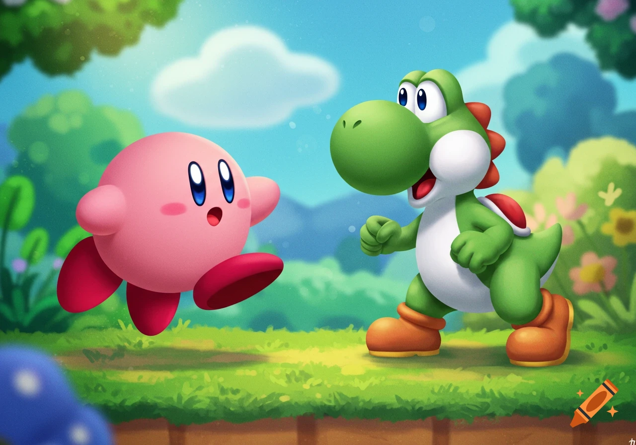 Cartoon illustration of Kirby and Yoshi running towards each other in a bright grassy landscape.
