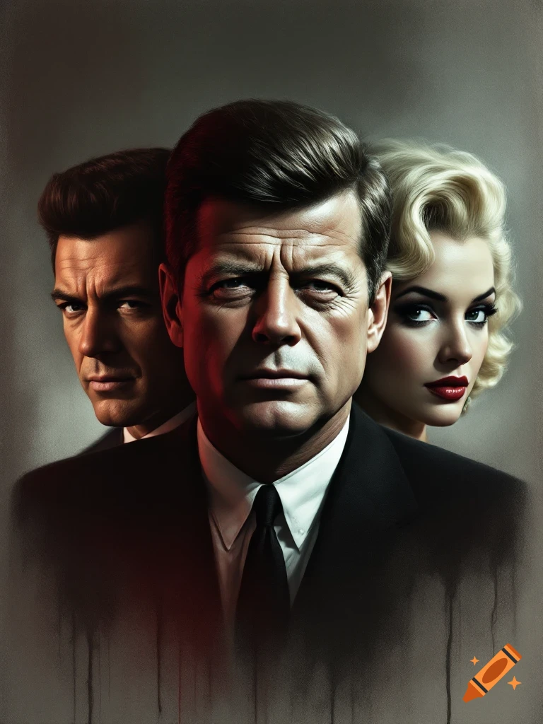 Dramatic portrait of JFK, Frank Sinatra, and Marilyn Monroe.