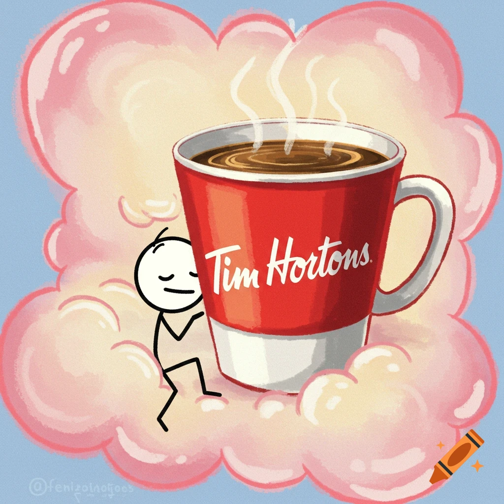 Illustration of a stick figure hugging a large Tim Hortons coffee cup floating on pink clouds.