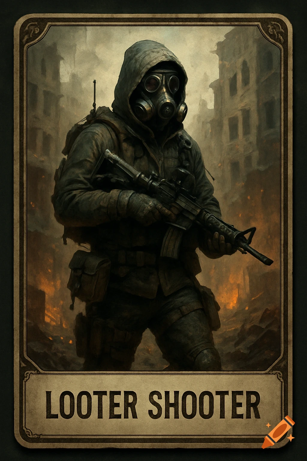 Card design featuring a soldier in a gas mask holding a rifle in a ruined city with text 'LOOTER SHOOTER'.