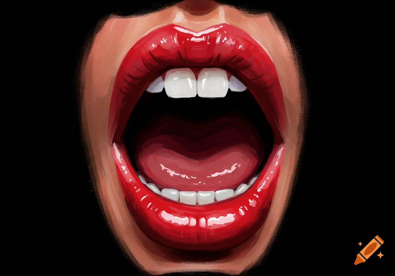 Close-up illustration of an open mouth with glossy red lips and visible teeth.