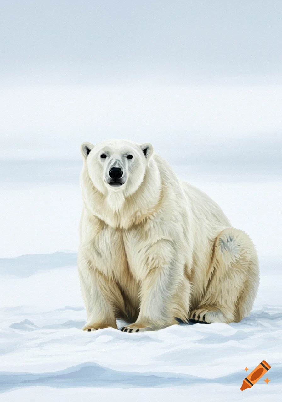 A painted polar bear sits in the snow.