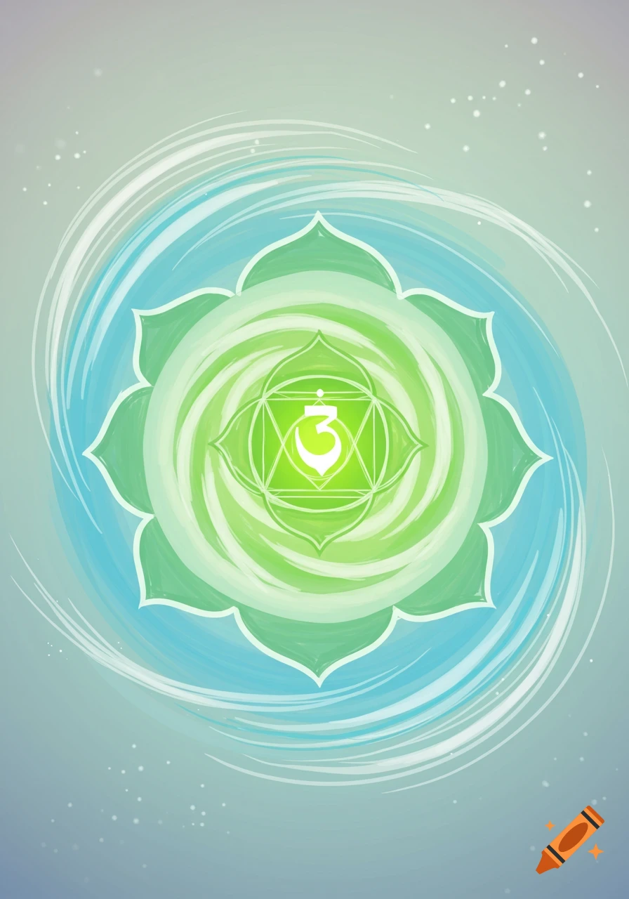 An illustration of the green Heart Chakra symbol (Anahata) with a swirling green and blue background.