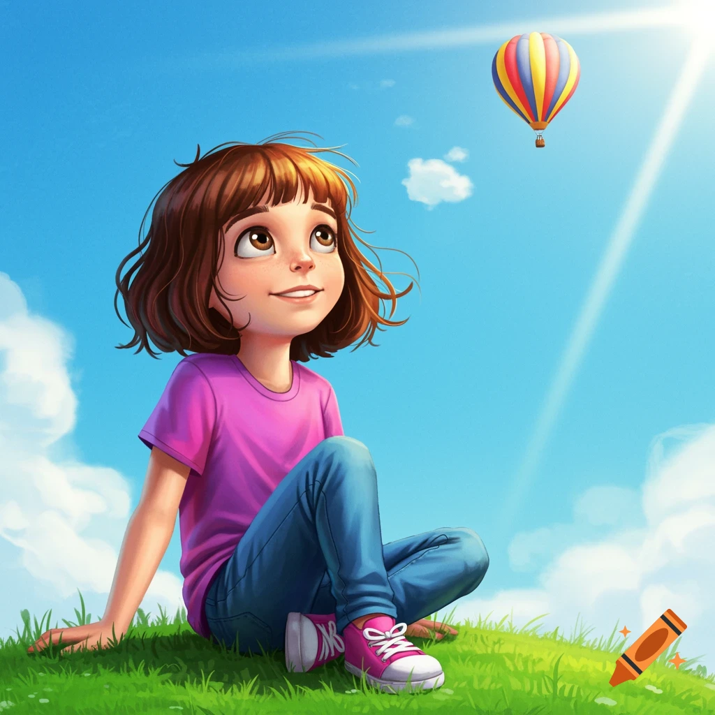 Illustration of a young girl sitting on grass, looking up at a hot air balloon in a bright sky.