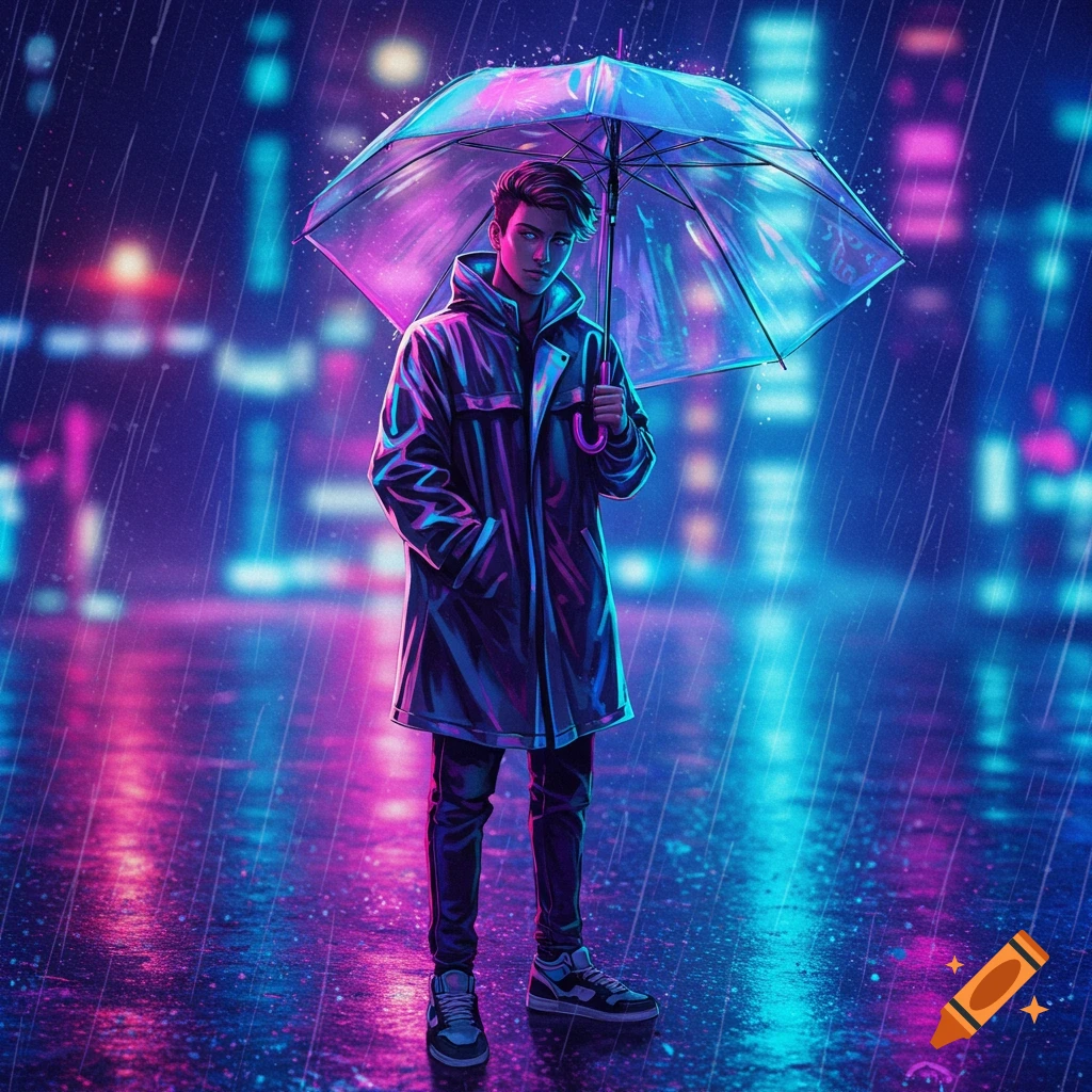 Person holding an umbrella in a neon-lit rainy city street, digital art.