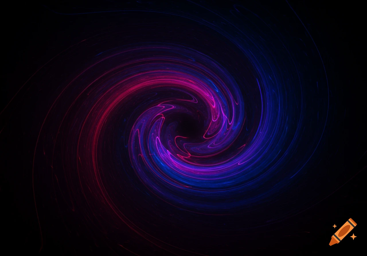 Abstract neon pink and blue swirling vortex on a black background.