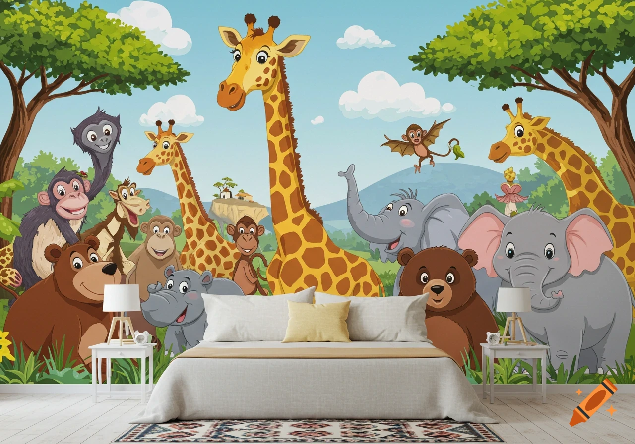 Cartoon mural of jungle animals including giraffes, elephants, monkeys, and bears, behind a bed.