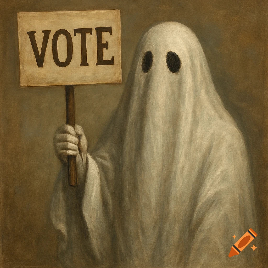 A ghost figure holds up a sign that says "VOTE", in a painting style.