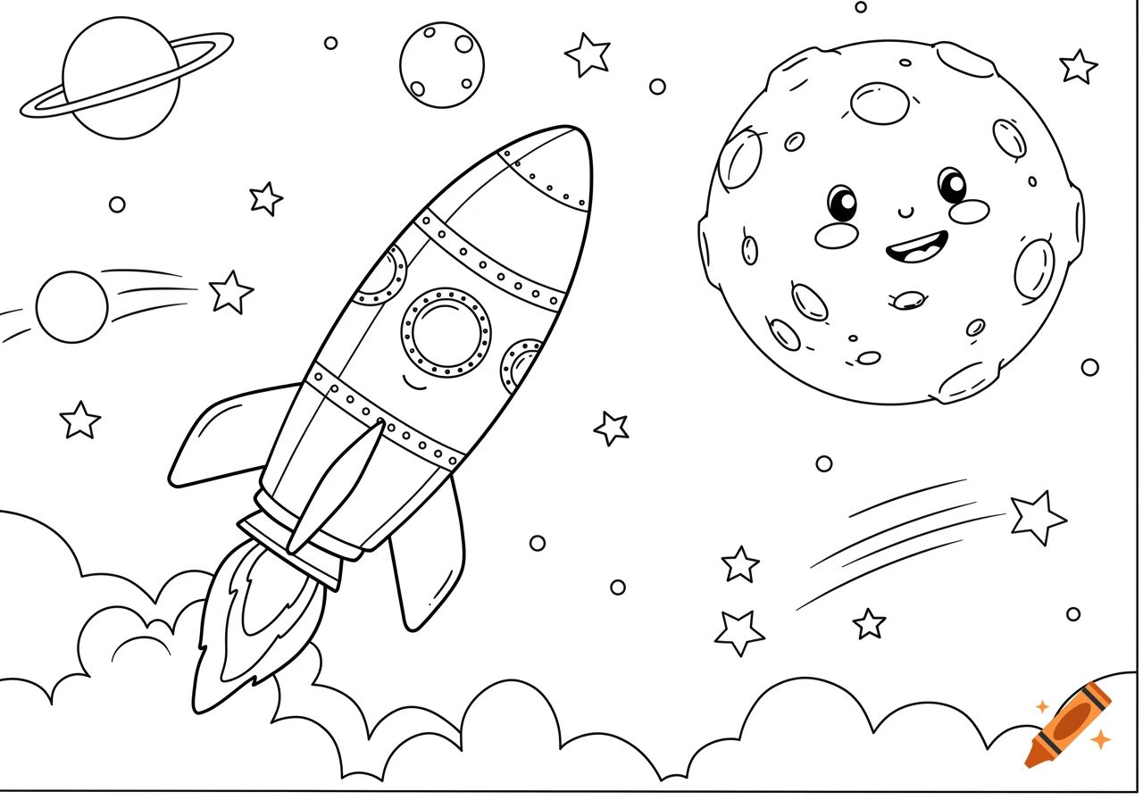 Line drawing of a rocket ship flying past a smiling moon and a planet in space.